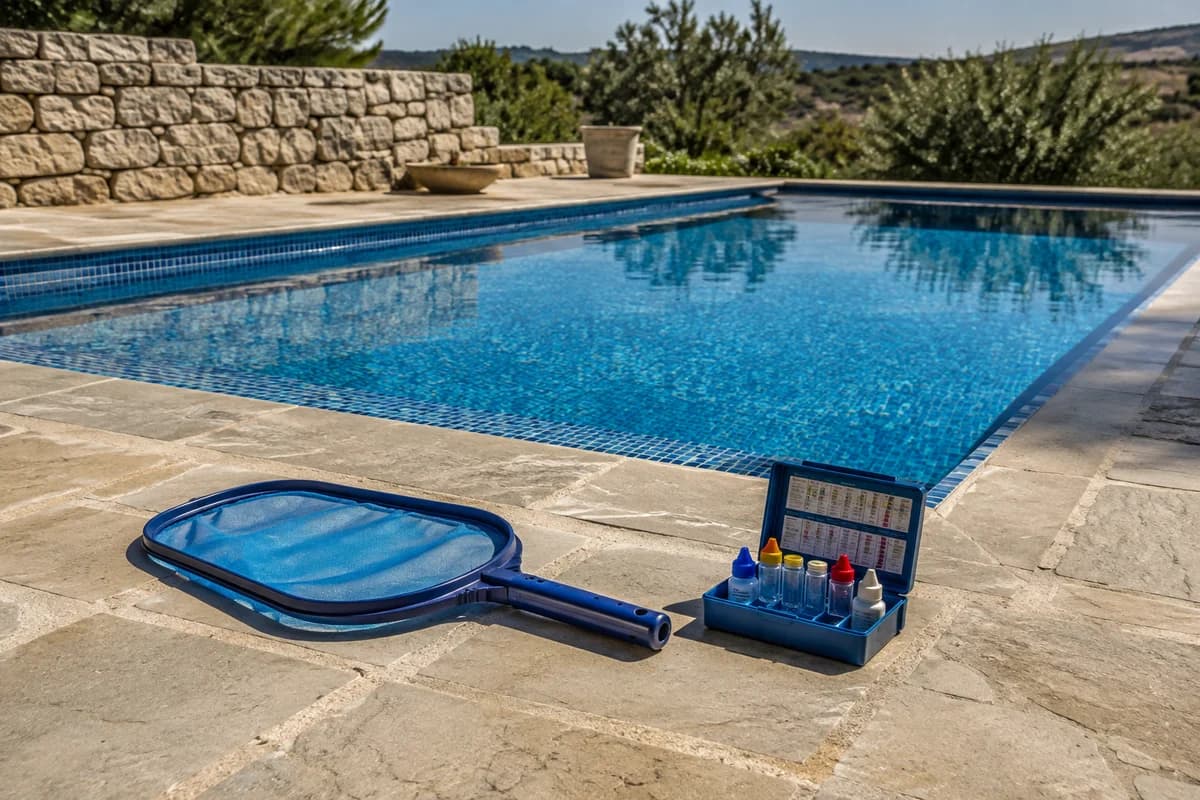 המחשה: ערכת בדיקת מים ורשת ניקוי לצד בריכה